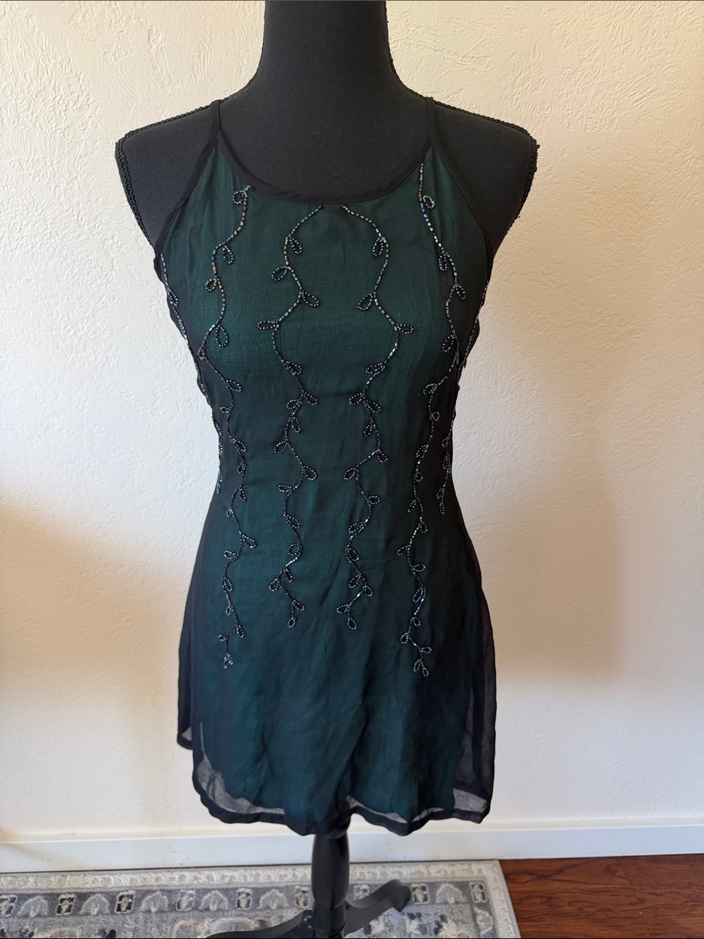 VINTAGE Y2K Women's Dark Green Beaded Halter Dress